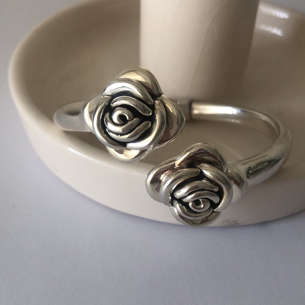 925 Sterling Silver Electoform Double 3D Roses Flower Cuff Bracelet Thailand